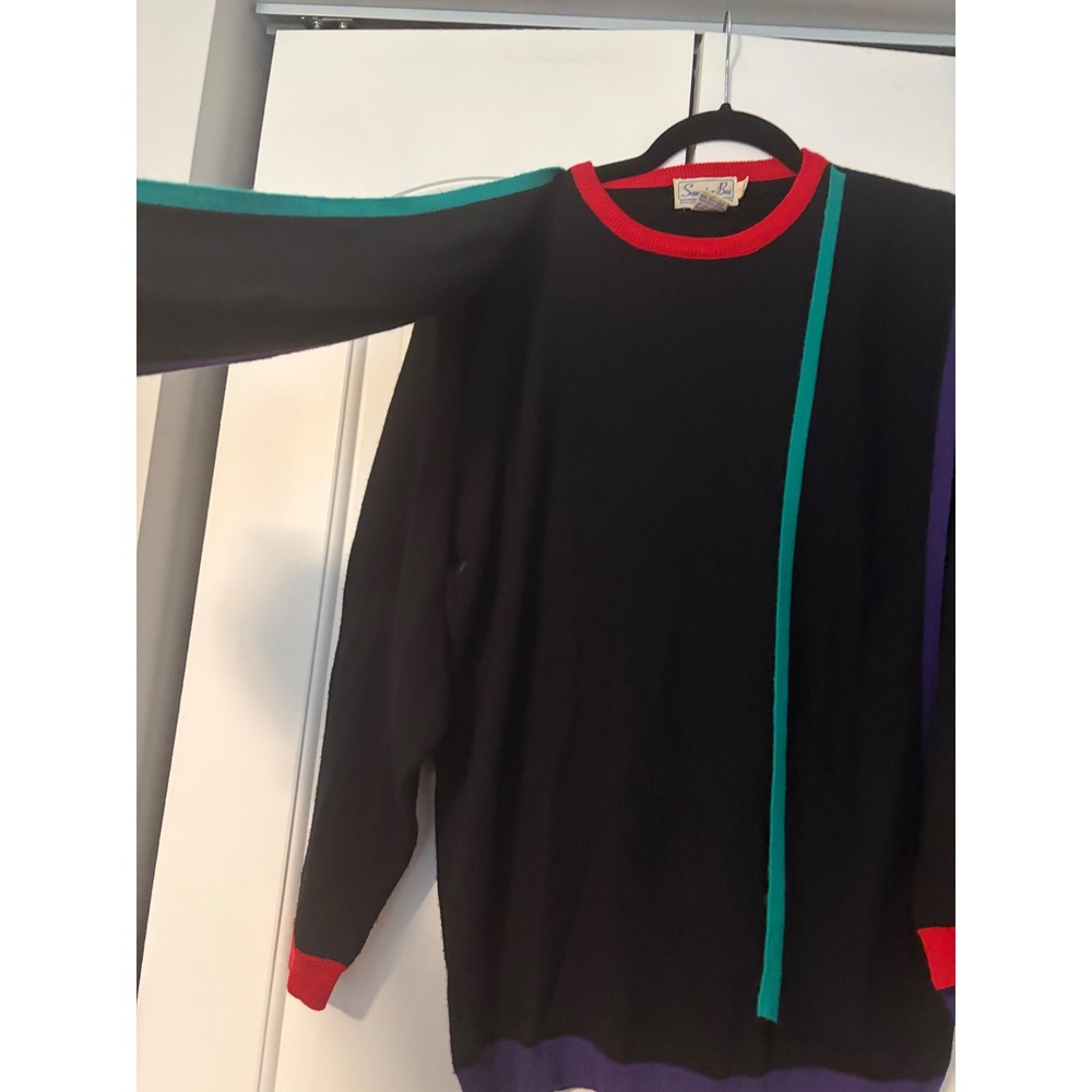 Sweater Bee Black Purple Green Red Trim Long Sleeve Knit Sweater Size S - Picture 3 of 7